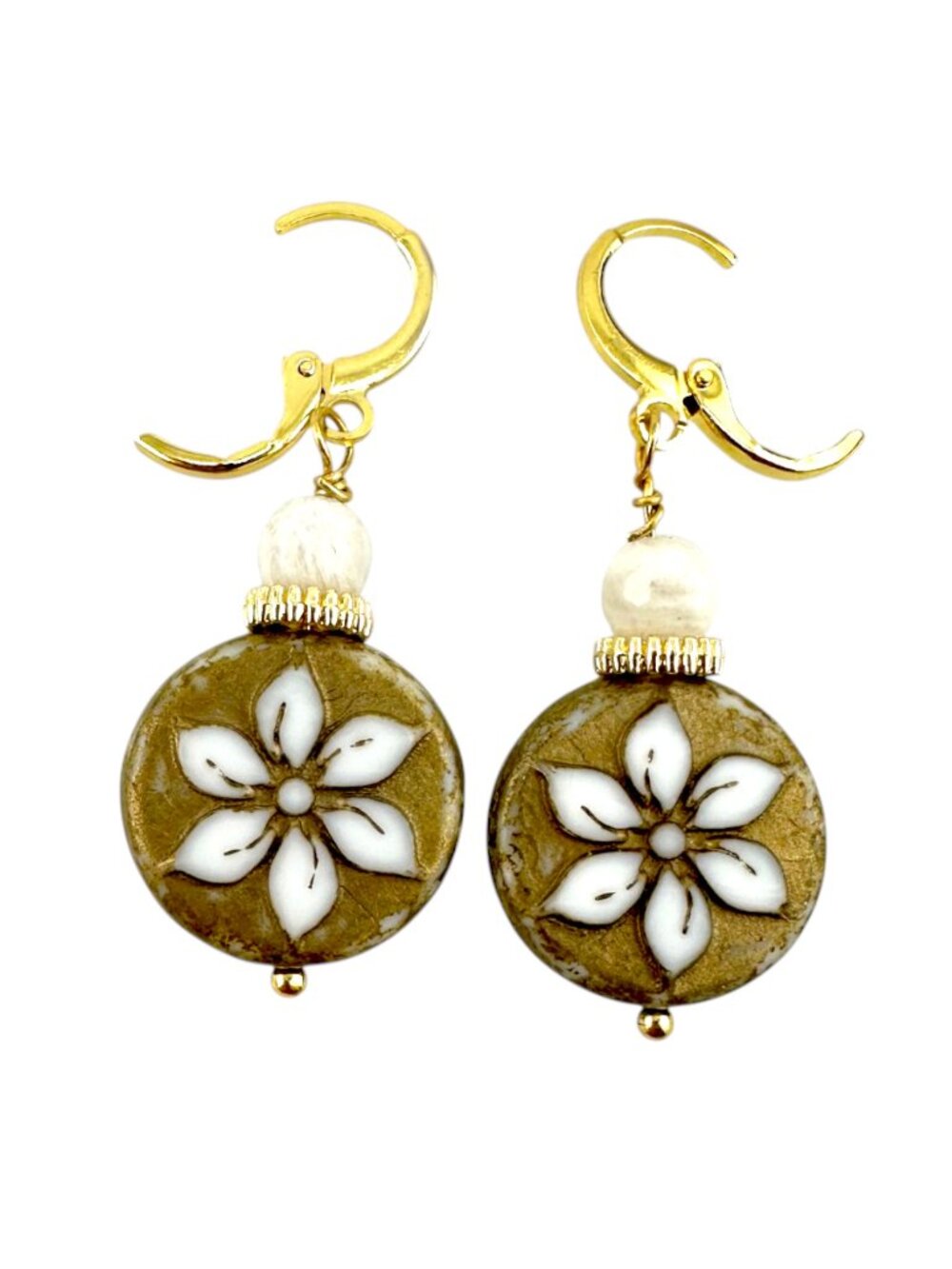 Czech Glass Clematis Flower Earrings White Gemstone Gold Leverbacks Artisan 1.5" - Picture 10 of 10